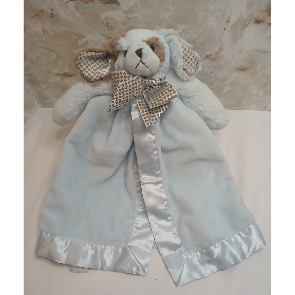 Bearington Baby Puppy Dog Lovey Soft Plush w/Blue Satin Security Blanket  Lg 14"